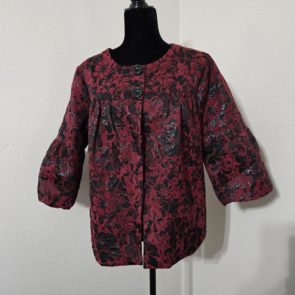 Studio 1940 Jacket Womens 16W Red Floral Jacquard Lined 3/4 Sleeve Collarless